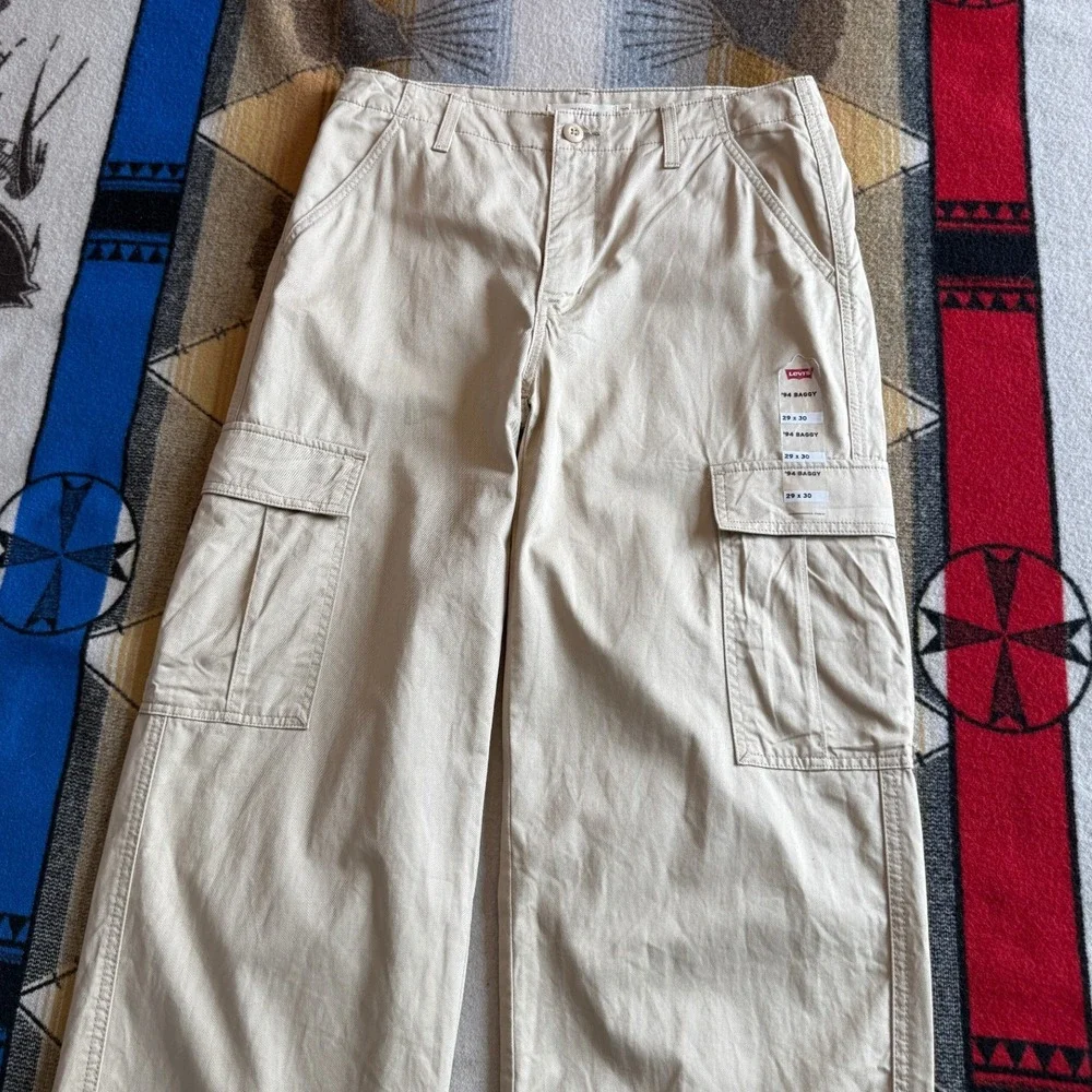 Levis 94 Baggy Cargo Pants Mens 29x30 Tan Khaki Wide Leg Drawstring Hem New